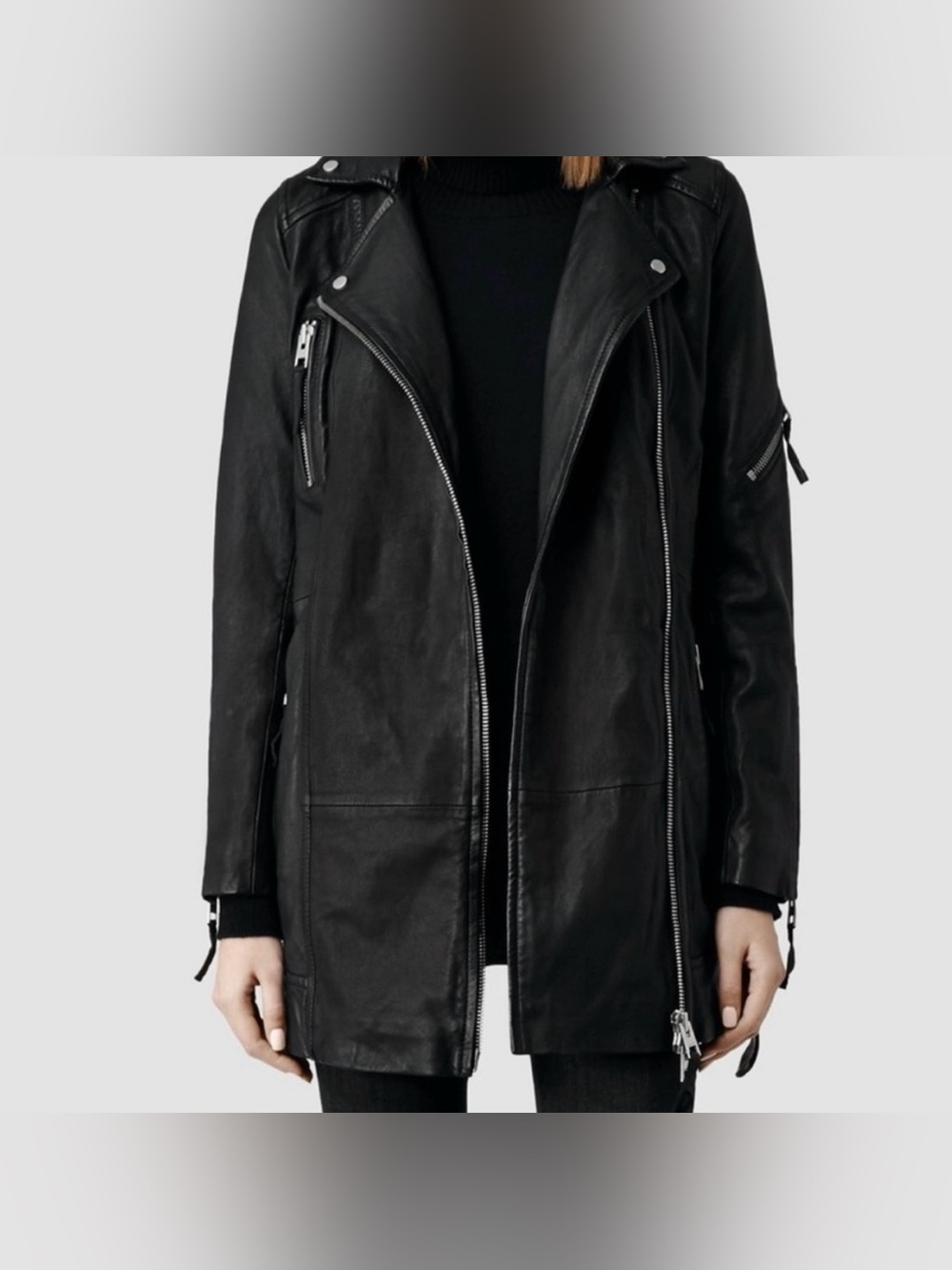 All Saints Whitmer leather biker jacket trench coat with NO belt. Sz 2 - Picture 2 of 13